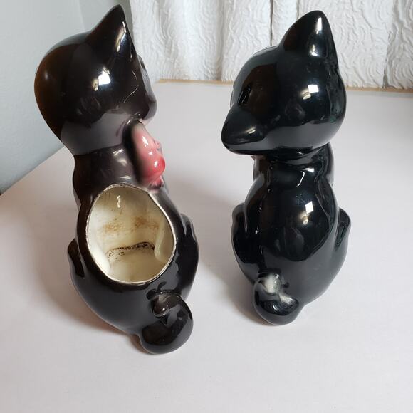 Vintage 50's Ceramic Figaro Cat Statues Figurines Black White Tuxedo Pink Bows - Picture 7 of 10